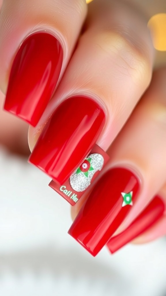 Close-up of red Christmas nails with glitter and festive stickers.